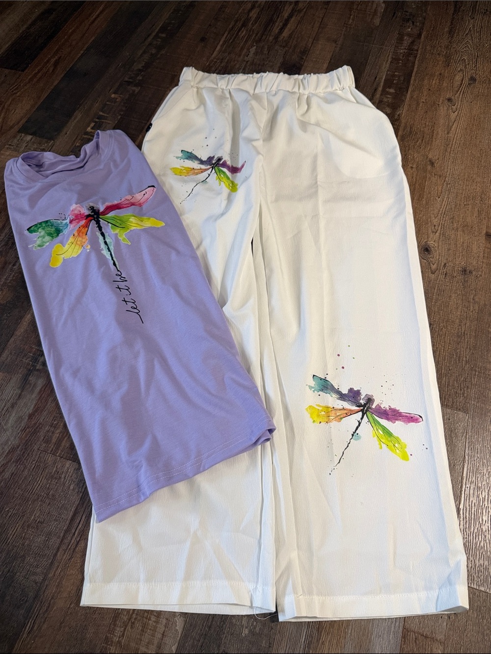 Pants and shirt with dragonflies.
